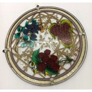 Rare Vintage Glassmasters Stained Glass Suncatcher 10” Grapes & Berries